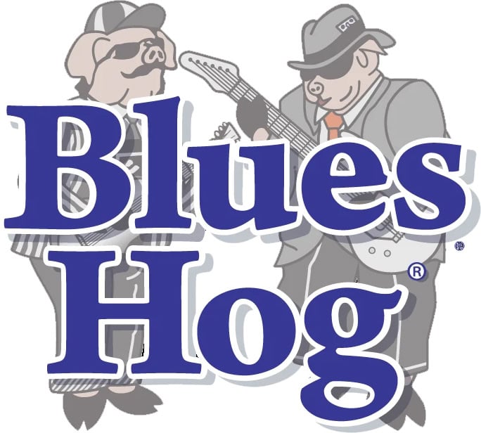 Pig wearing sunglasses and a hat, playing guitar, with human musician in hat and suit, promoting Blue's Hog.