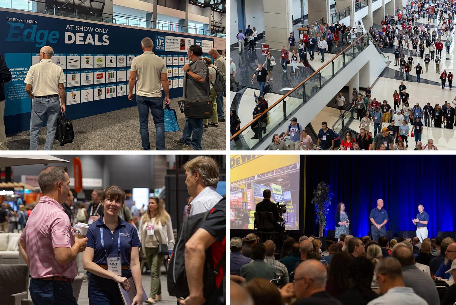 Event booths and attendees at a trade show.