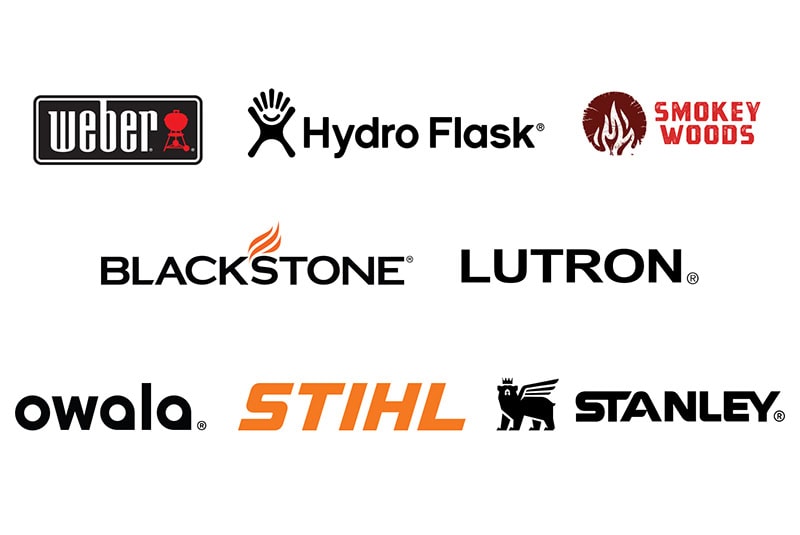 Logos of various outdoor and home brands.