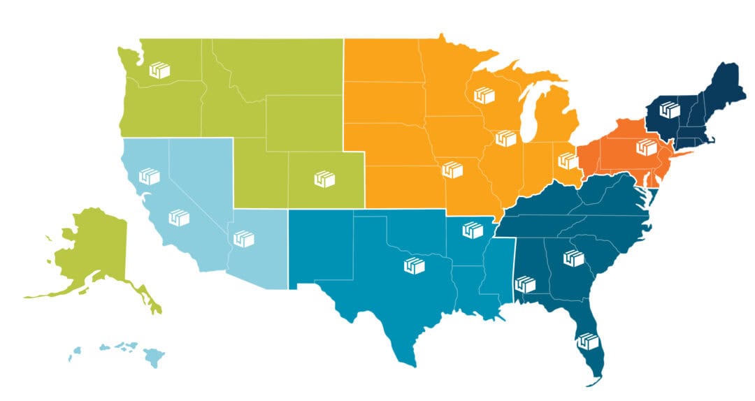 Colored map of USA regions with icons