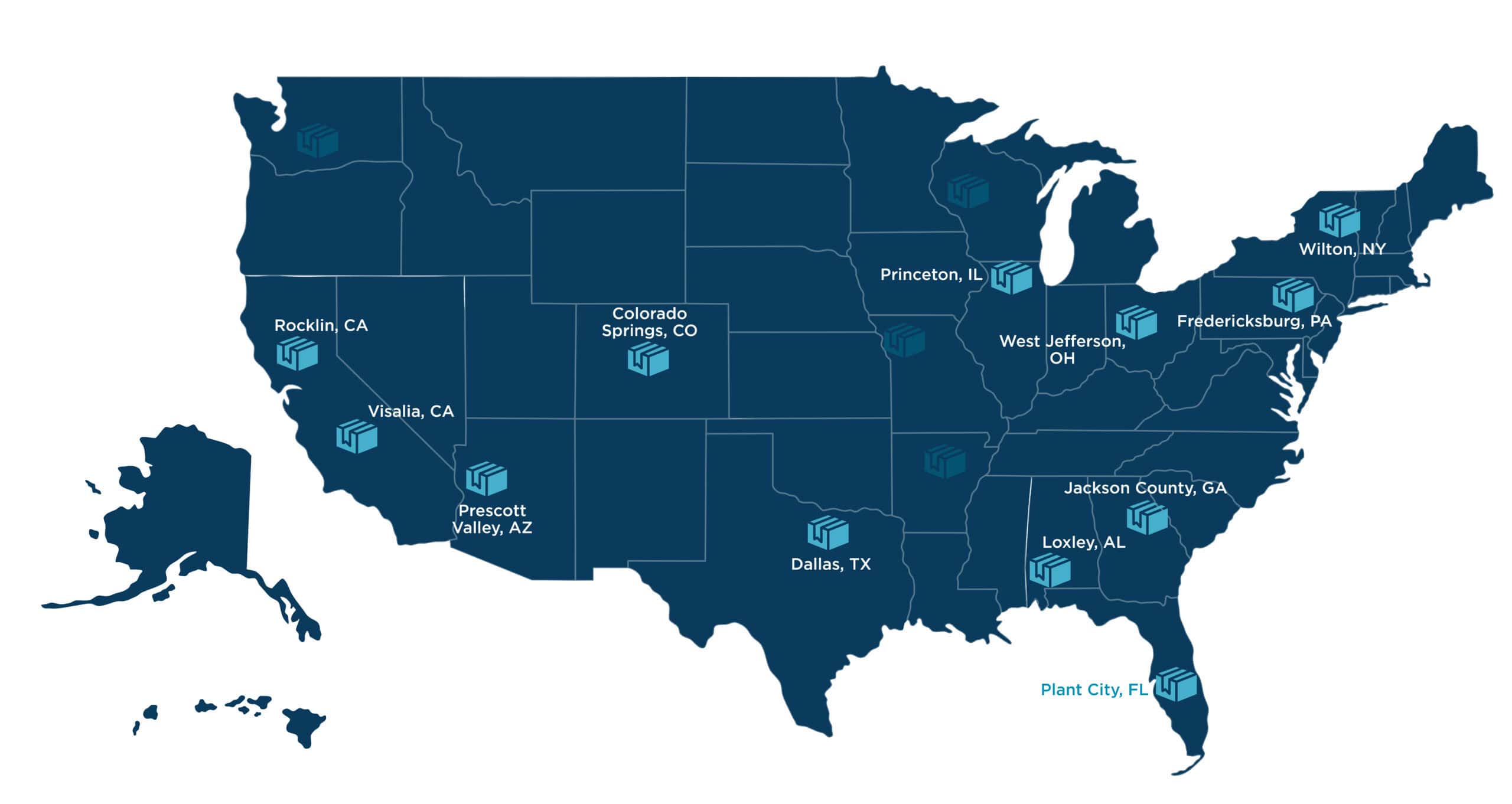 Map of USA with labeled cities.