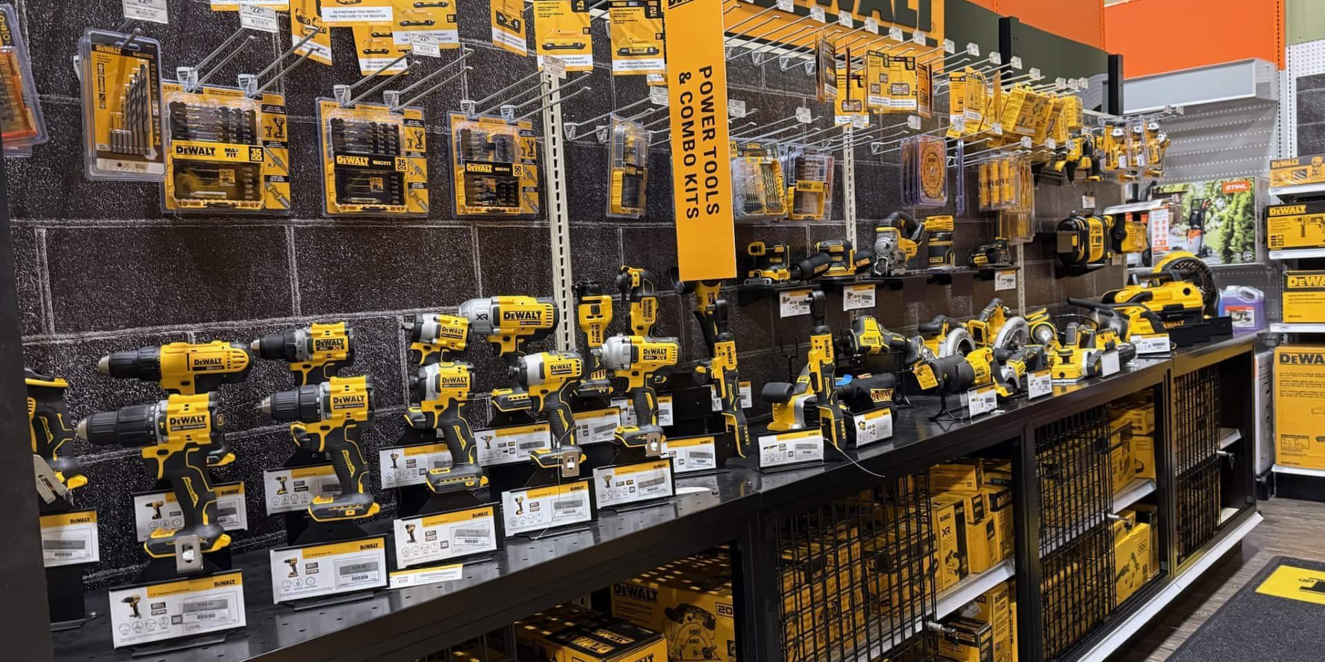 DeWalt power tools display in a hardware store.